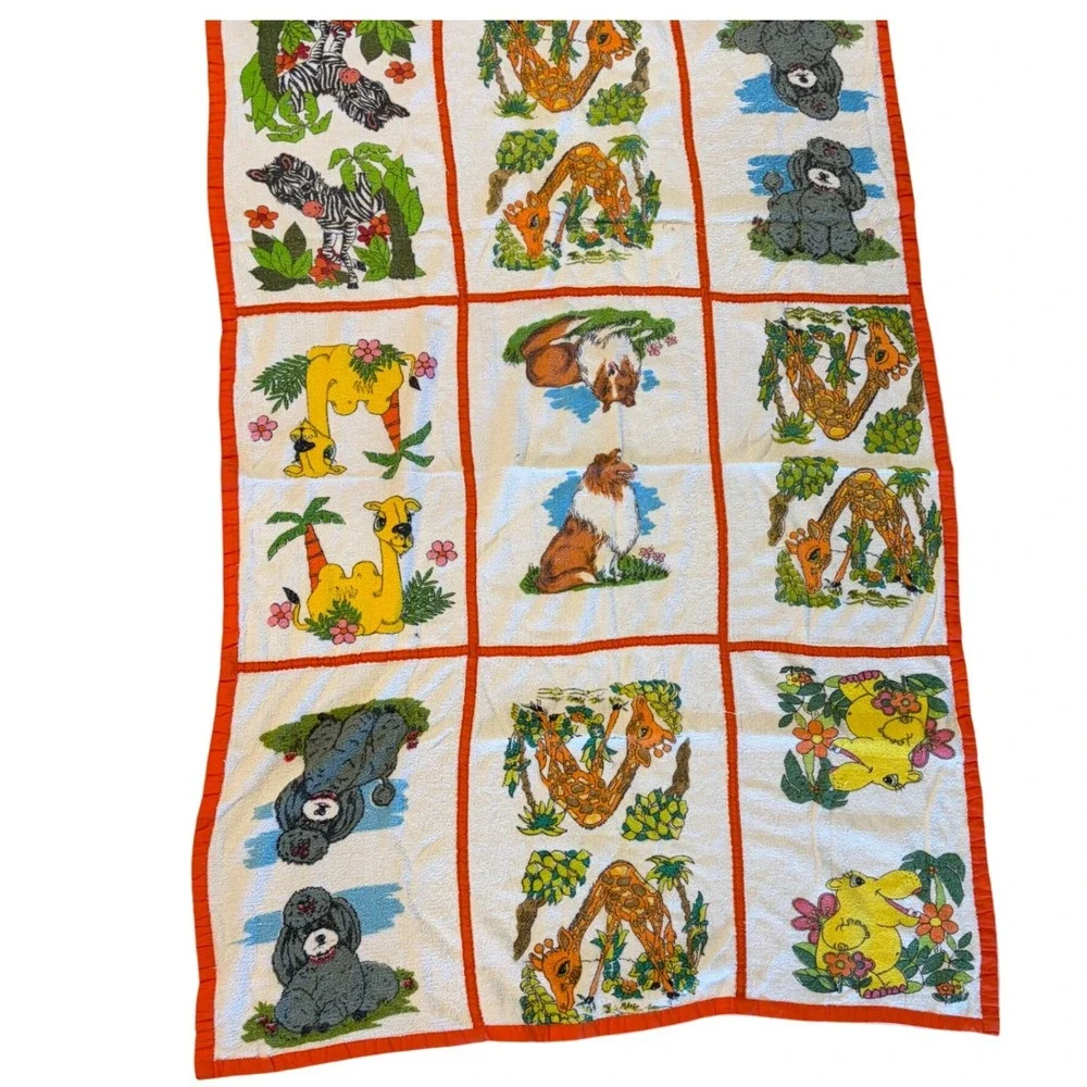 Vintage Safari Animal Terry Cloth Towel Orange Trim Giraffe Zebra Aprox 31x41